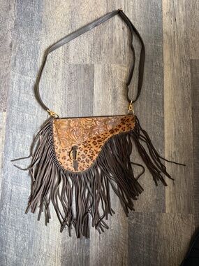 Boho Leopard Print Fringe Crossbody Bag - Brown